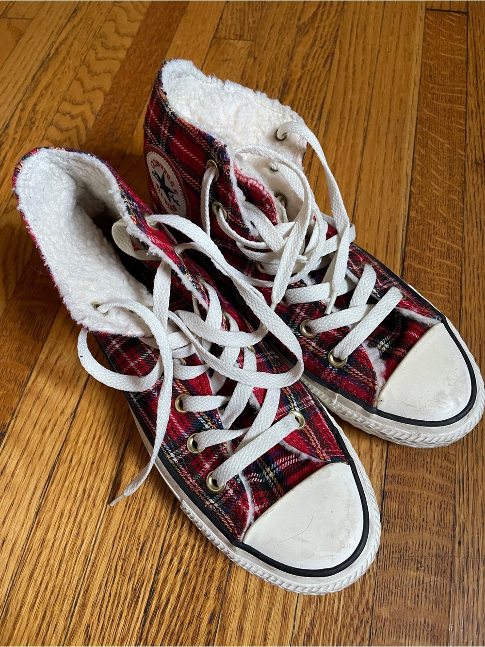 Converse Red Plaid High-Top Sneakers with White Sherpa